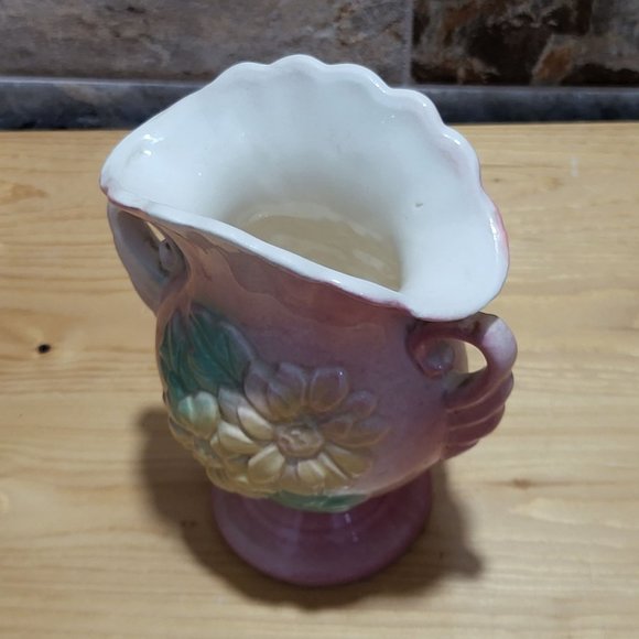 VTG USA Pottery Pink Green Yellow Flower Vase Pleated Fan Top Double Handles - Picture 10 of 14